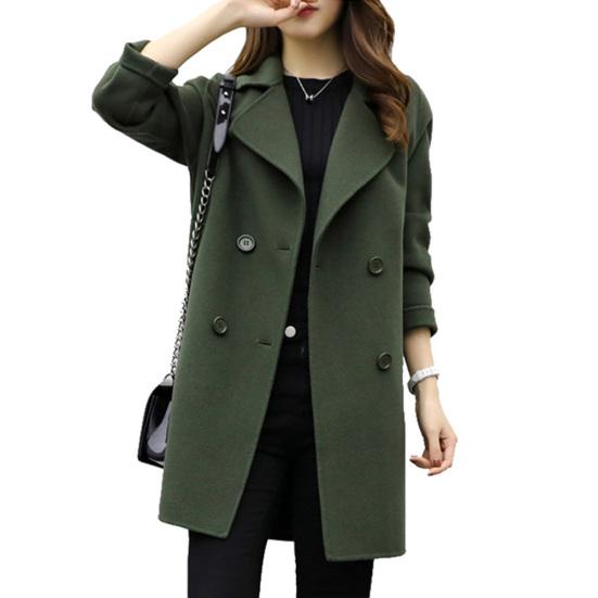 Women Autumn Winter Solid Color Lapel Double-breasted Midi Coat Woolen Outwear