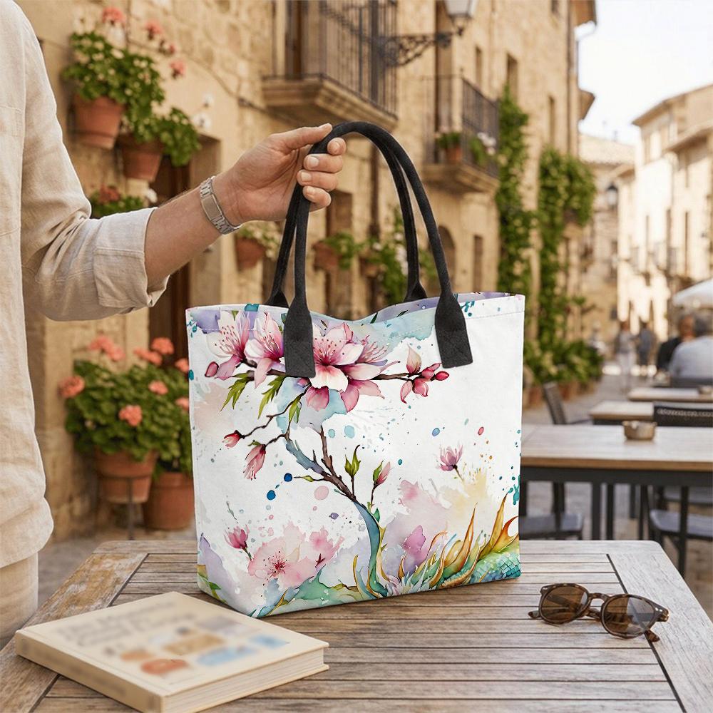 Watercolor Peach Blossom Print Casual Portable Large Capacity Shopping Tote Bag