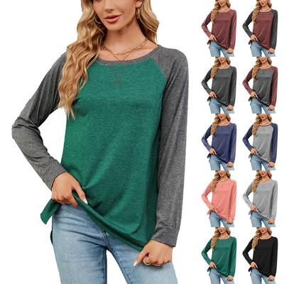 2024 European And American Autumn And Winter New Round Neck Contrasting Loose Long Sleeved T-Shirt With Slit Top For Women