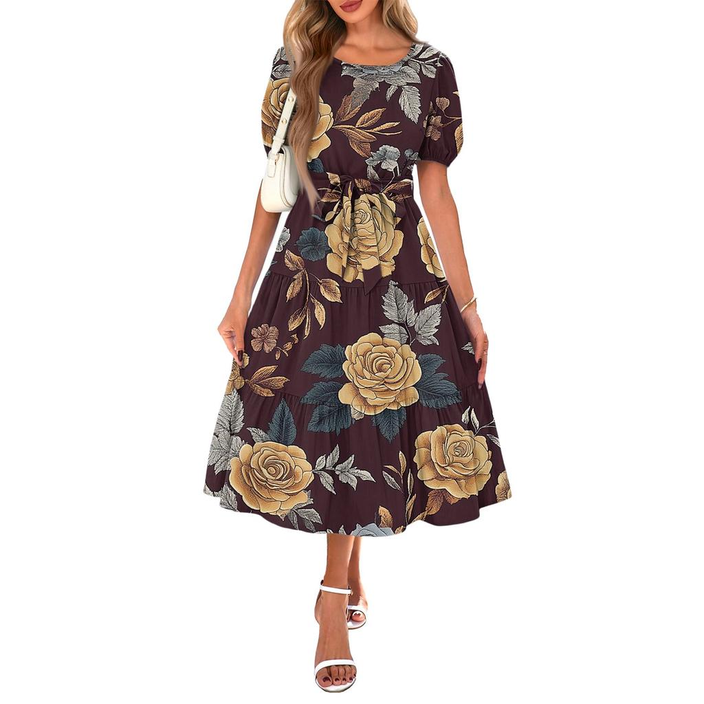 Women's Summer Short Sleeve Round Neck Waistband Bohemian Flowy Layered Maxi Dress With Pockets