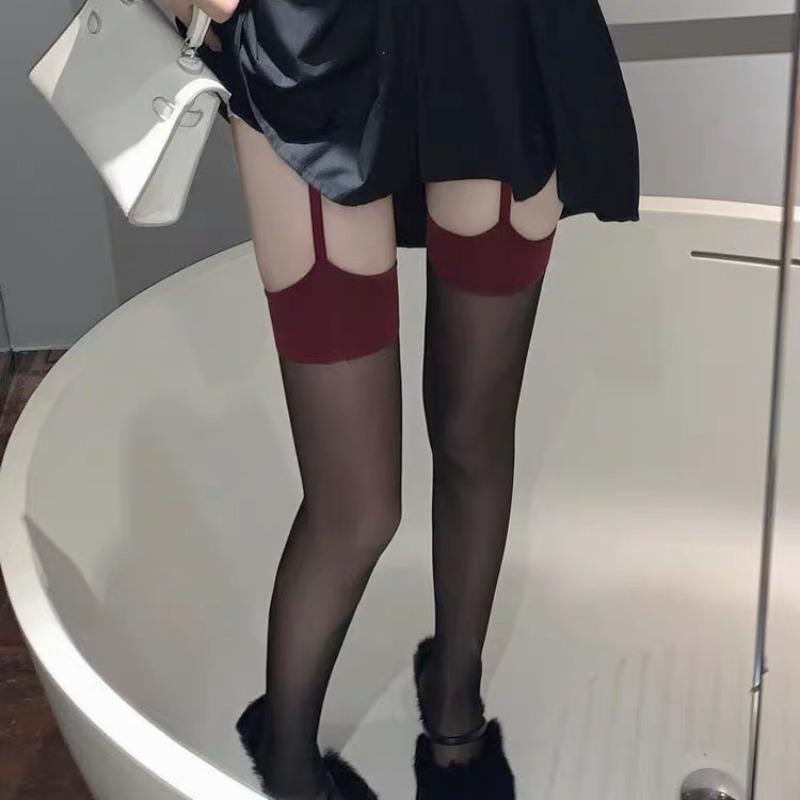1-10Pairs Black Red Trim Suspender Stockings Sexy Thigh High Socks Legwear for Women Fashion Sexy Pure Desire Stockings