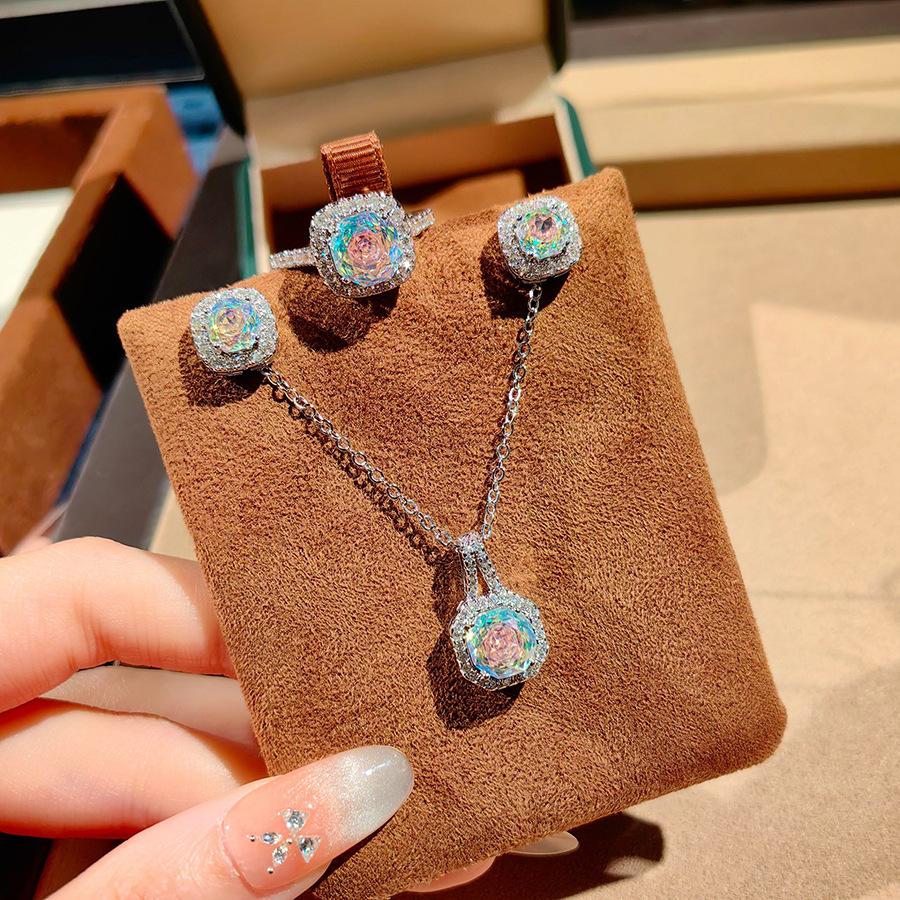 Fashion Square Bag Octagonal Rose Cut Pendant Necklace Colorful Diamond Ring Aquamarine Earrings Pink Diamond Treasure Suit Women