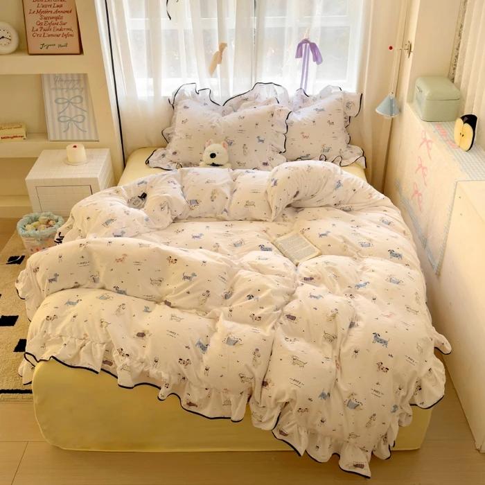 2025 New Cream Lace Girl Powder Grid Korean Version Bed 4-piece Set Washed Cotton Double-layer Yarn Quilt Cover Dormitory
