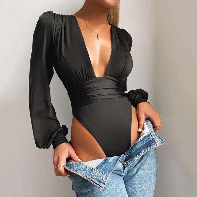 Elegant Sexy Black Ruched Long Sleeve Bodysuit for Women Deep V Neck Satin Bodycon Top Elegant High Cut Jumpsuit for Party Date Casual Wear Night Out