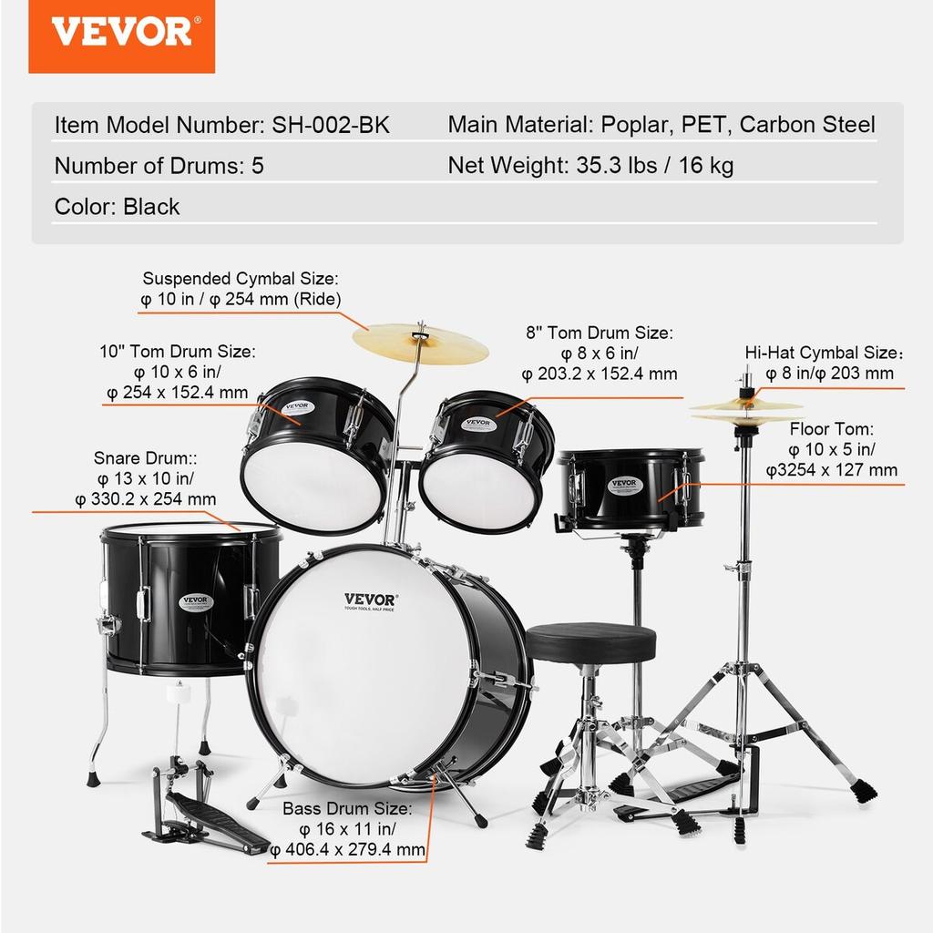 Kids Drum Set 5-Piece 16 in Beginner Children Drum Set with Throne Black