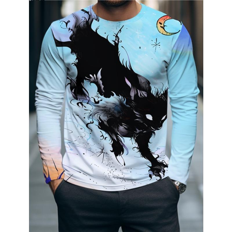 Men Halloween Crescent Moon Black Cat Graphic Long Sleeve T‑Shirt 3D Print Crew Neck Casual Pullover Streetwear Tops