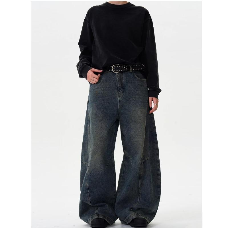 

American Retro Deconstructed Distressed Blue Scimitar Jeans - Unisex Streetwear, Loose & Casual Wide Leg Pants S