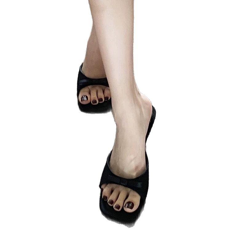 Sexy leopard print high-heeled slippers square head high-heeled sandals new word with thick heels high heels women's summer wear