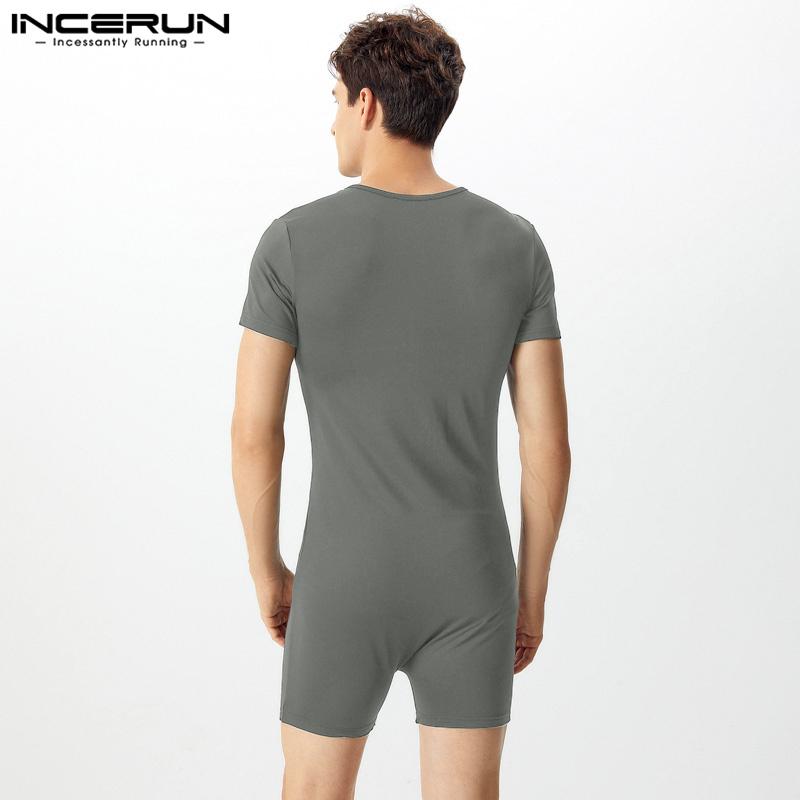 INCERUN Summer Men Short Sleeve Front Zipper Jumpsuits Sleepwear Pajamas Homewear