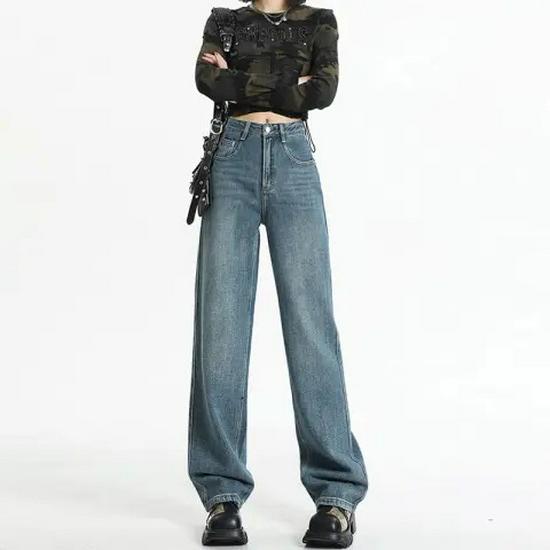 Women's Retro Loose Wide-Leg Jeans - Pear Shape, Long, Mopping Style for Spring & Autumn.