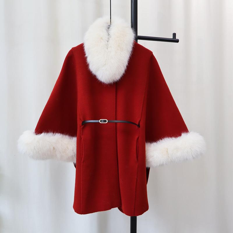 

Осень и зима новый темперамент знаменитости меховой воротник вязаный двусторонний шерстяной плащ-накидка свитер куртка женская one size fits all красный