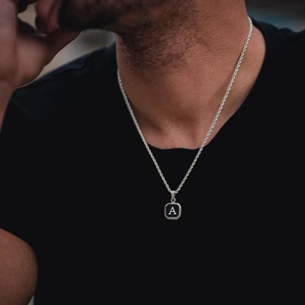 Square A-Z Initial Letters Necklaces for Men Boys,Stainless Steel Geometric Pendant with Box Rope Chain Collar,Gift Jewelry
