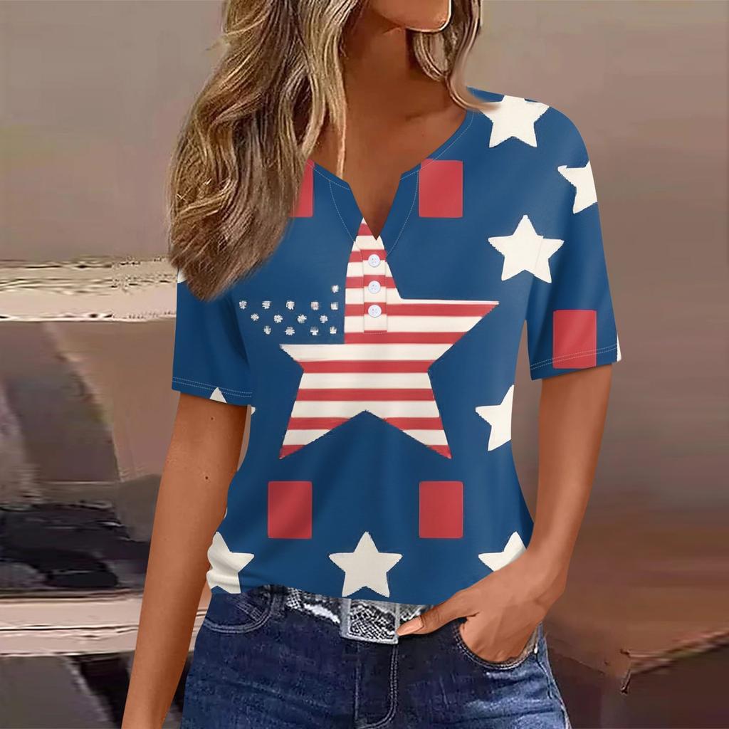 Women's T Shirt Tee Print Button Short Sleeve Daily Weekend Fashion Basic V- Neck Regular Top