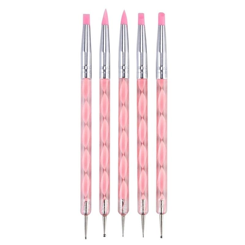 5Pcs Marbleizing Painting Pens 2 Way Nail Art Acrylic Silicone Point Flower Nail Pen Stainless Steel Dotting Tools