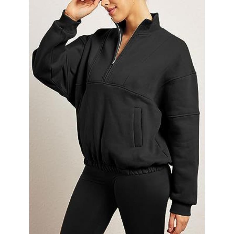 Autumn and Winter Sports and Leisure Women's Zipper Pockets Pullover Stand-up Collar Long-sleeved Sweatshirt