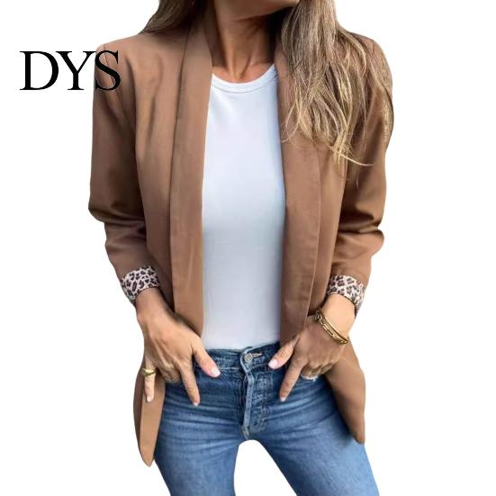 Leopard Print Office Coat Women Suit Lapel Long Sleeve Cuffs Workwear Jacket Solid Color Loose Fit Open Front Casual Business Outwear