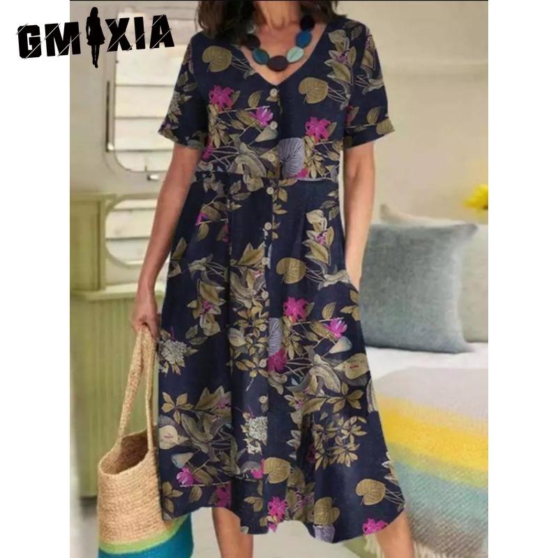 GMXIA Dámská móda Léto Jaro Jednobarevný potisk Neformální šaty s krátkým rukávem a výstřihem do V s vysokým pasem