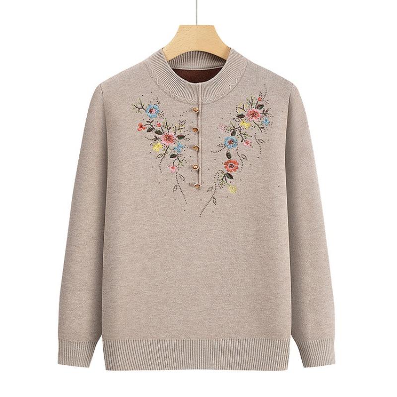 Middle-aged and old fleece mother sweater thickened women's knitted sweater integrated fleece warm backing top mother-in-law clothes