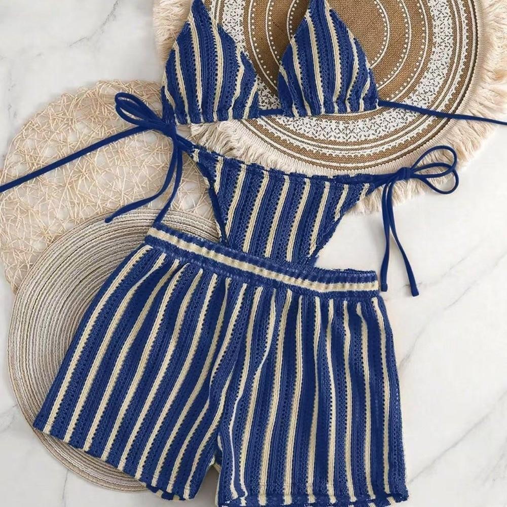 Lace Up Bikini Bathing Suit Sleeveless Knitting Swimsuit Fashion 3 in 1 Swimwear Set Beach