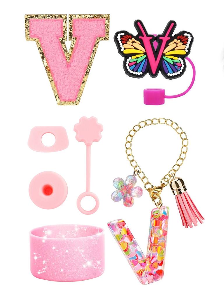 7PCS Cup Accessories Set for Stanley 30oz 40oz Tumbler Initials Silicone Straw Cover Cap Boot Letter Handle Charm Sticker