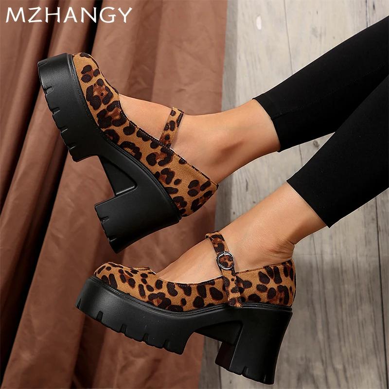 Fashion Leopard High Heels Platform Women Mary Jane Shoes Autumn Fashion Walking Shoes Women 2024 Trend Dress Shoes Pumps Mujer Zapatos