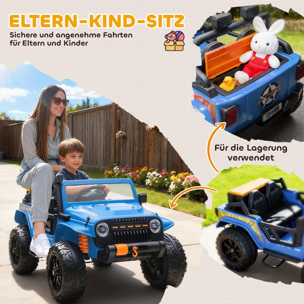 Electric Vehicle for Kids, 12V Battery, with Parent-Child Seat, Remote Controllable, Music, Horn, LED Lights, 3-8 Years, Blue