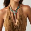 Ethnic Style Women Leaf Choker Woven Rope Leather Tassel Turquoise Stone Pendant Necklace Feather Retro Bohemian Necklaces