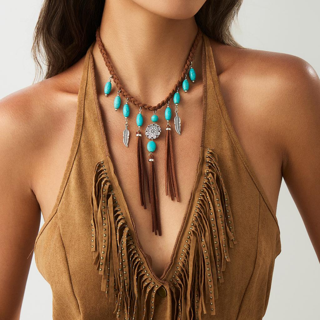Ethnic Style Women Leaf Choker Woven Rope Leather Tassel Turquoise Stone Pendant Necklace Feather Retro Bohemian Necklaces