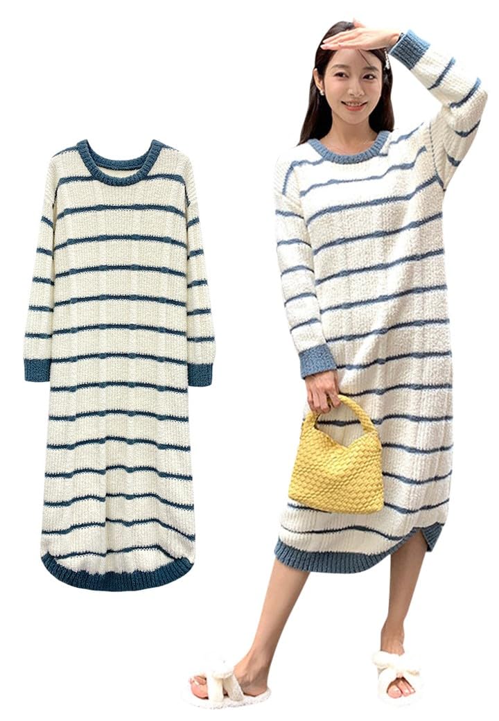 

RIRIOA Пушистая пижама Длинная зеленая полоска Женский комплект, Рукава, (Платье)