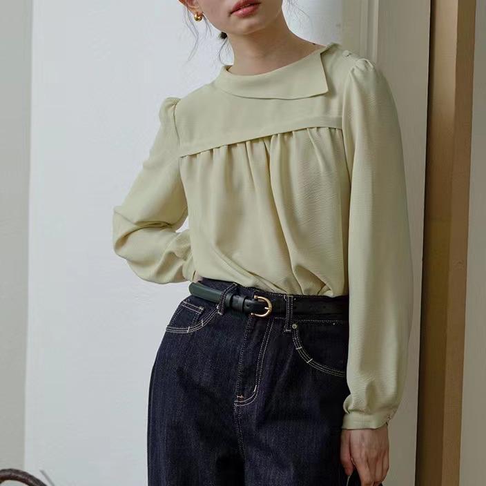 Französisches Retro Aprikosenfarbenes Plisseehemd mit schrägem Revers - Damen Herbst Langarm