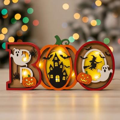 Halloween Night Light Wooden Light-up Boo Ornament Pumpkin Ghost Castle Table Decoration with Lights for Home Mantel Dining Table