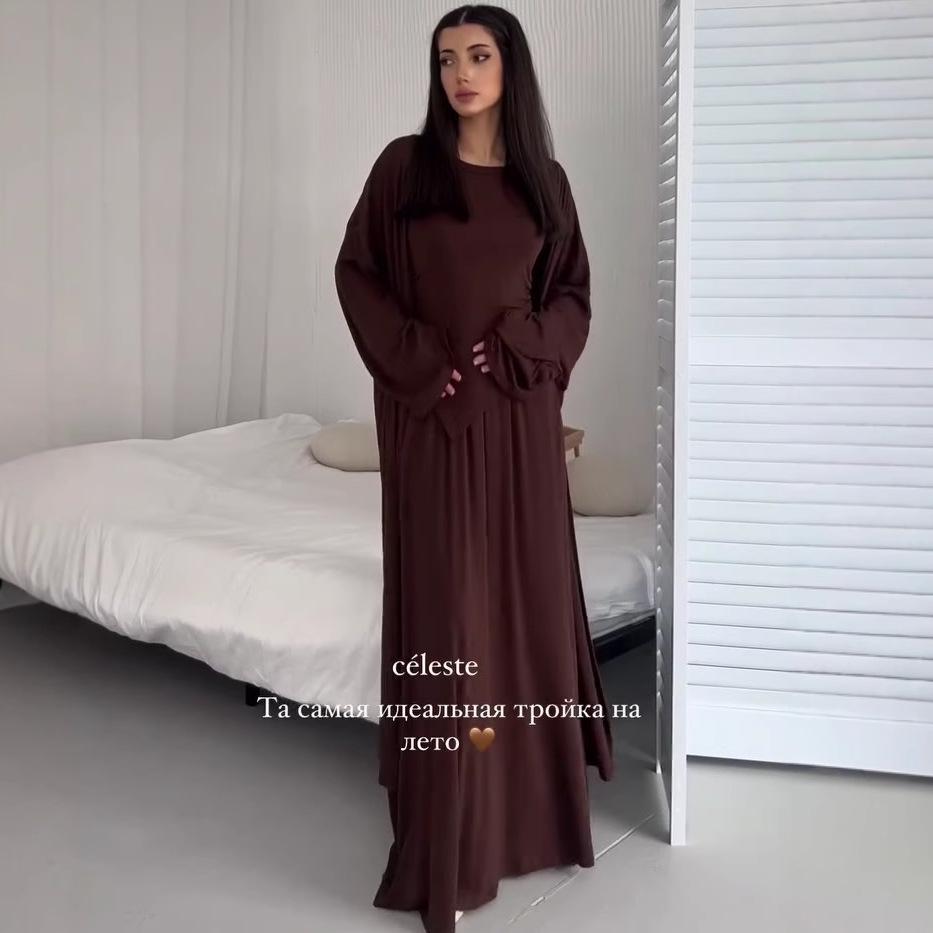 2025 Autumn Versatile Headscarf, Short Sleeve, Midi Skirt Three-piece Set