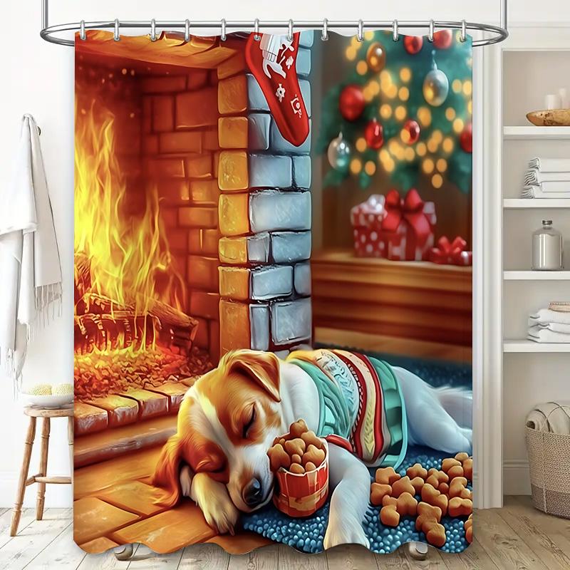 

Cozy Christmas By The Fireplace Dog Shower Curtain Christmas Stocking Cookie Design Adding Festive Warmth Waterproof Durable W60H190(CM)-1 Pcs