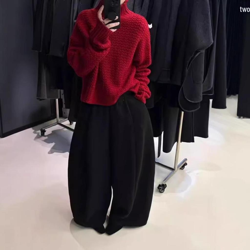 Women's European-Style Red Wool Sweater, High Neck, Loose Fit, Thick Jacquard Knit, Cashmere Base Layer Top