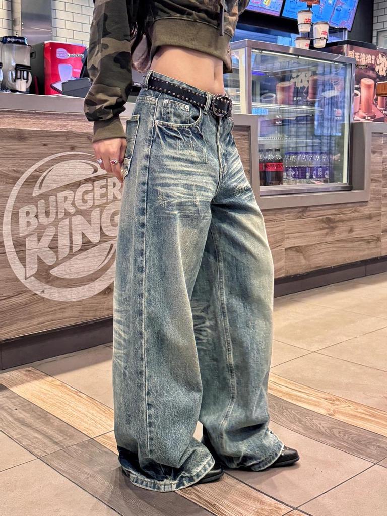 Women's Retro Distressed Hip Hop Jeans with Pleated Lightning Pattern - Loose, Slimming, and Versatile Wide-Leg Pants