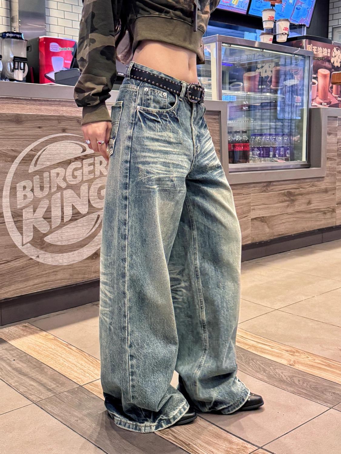 Women s Retro Distressed Hip Hop Jeans with Pleated Lightning Pattern - Loose, Slimming, and Versatile Wide-Leg Pants 3XL