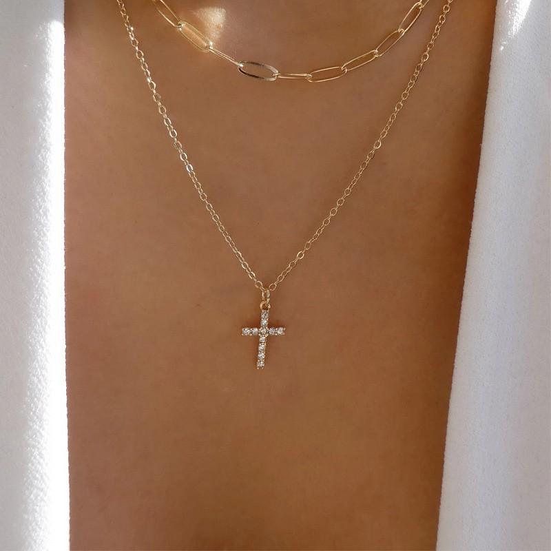 Virgin Cross Necklace Jewelry Versatile Full Diamond Fashion Personality Simple Multi-layer Necklace Women