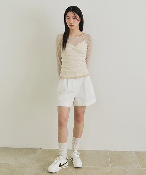 Lingseoul Layered Halter Neck Top Set-Ash Beige/Cream
