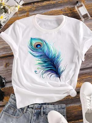 (Asian Size) Feather Style Cute Women Tee Top Clothing Casual Flower Fashion Short Sleeve T Shirt Print Lady Female Graphic T-shirt