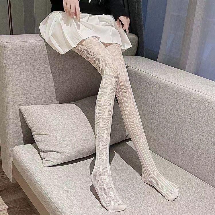 Ultra-Thin Asymmetrical Stockings Women'S Black Striped Fishnet Stockings Geometric Pattern Bottoming Pantyhose
