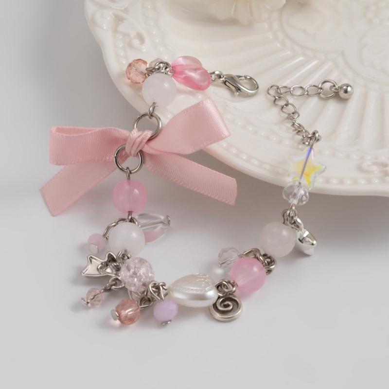 Faux Pearls Beaded Bracelet with Bowknot Pendant Butterfly Knot Charm Wristchain Adjustable Length Handchain Ornament