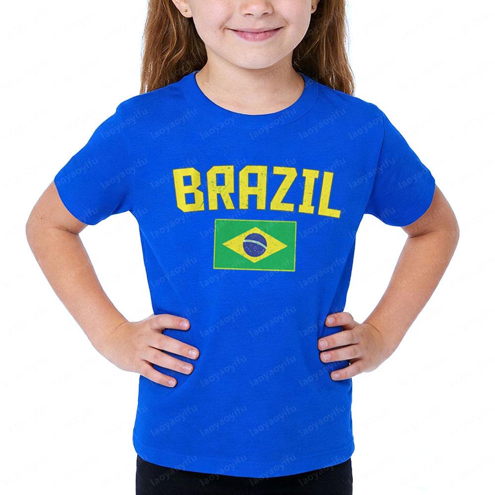 Brazil Flag Retro Style Graphic Children Shirt Kid Boys and Girls Summer Cotton Short Sleeve Little Soccer Fan Casual Daily Wear