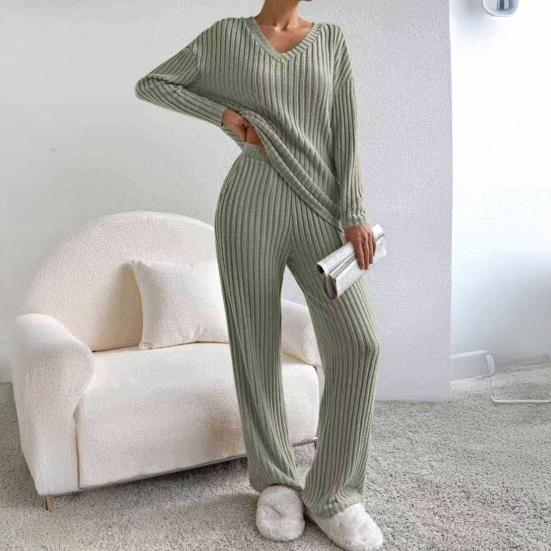 Damen Loungewear Set Geripptes Langarm-Oberteil und Weite Hose Passendes Pyjama-Set Lässige 2-teilige Outfits