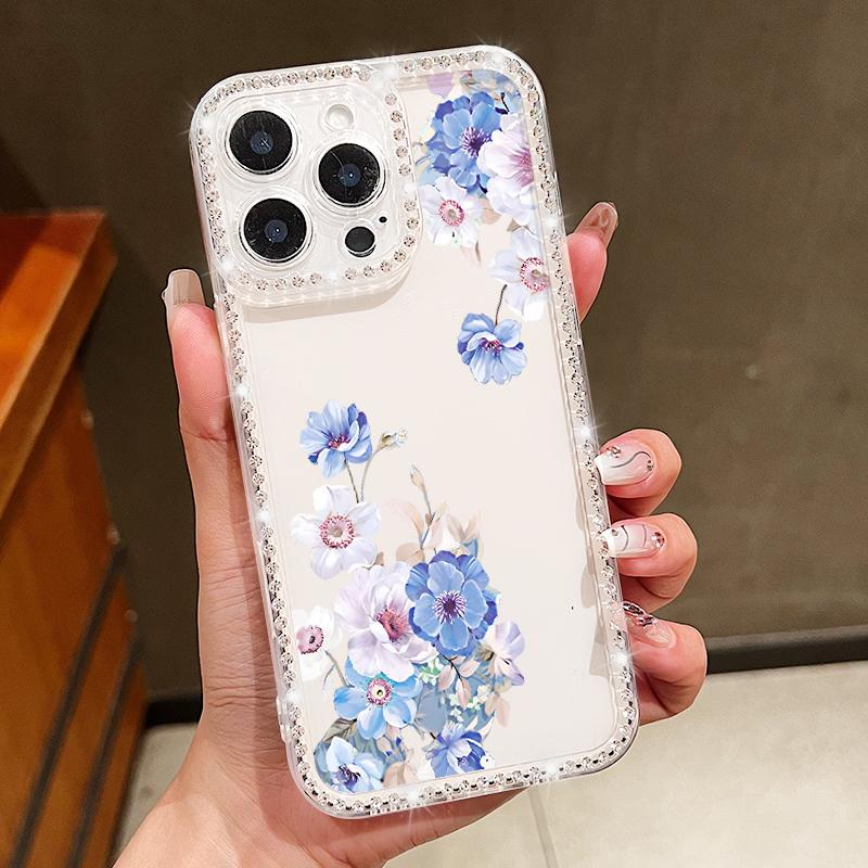 Flower Pattern Clear Soft Silicone Case For iPhone 16E 16 Pro Max 15 Pro 14 13 12 11 Diamond Frame Shockproof Transparent Phone Cover