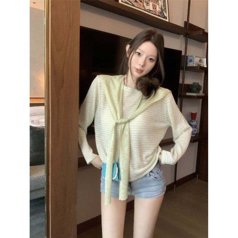 Kumikumi Idle Style Stripes Shawl Thin Long Sleeves T-shirt Female Autumn New All-Matching Slimming Sun Protection Top
