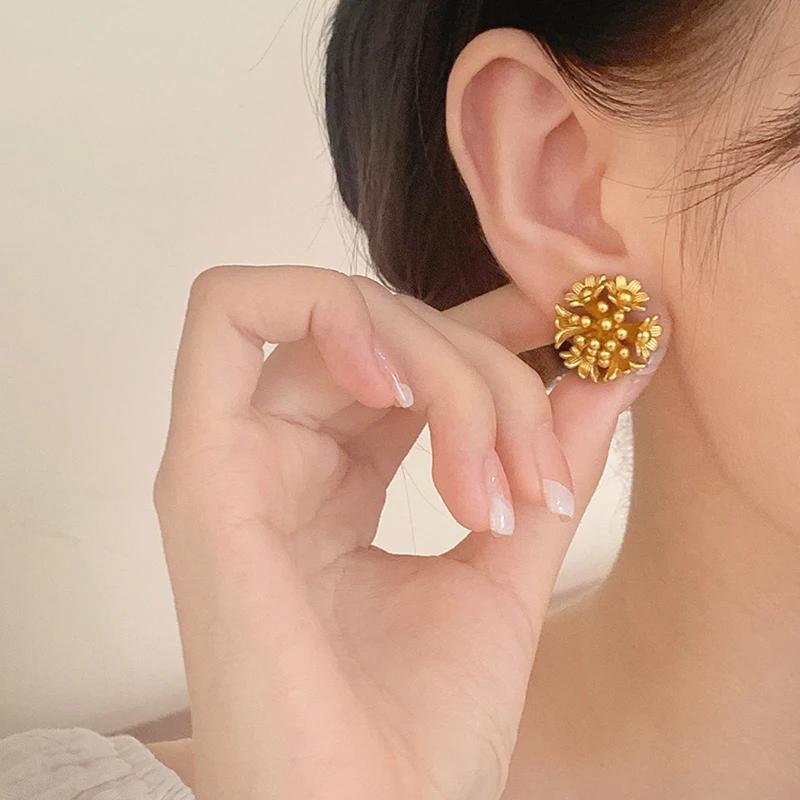 Real  Sterling Silver 18K Gold Matte Vintage Flower Stud Earring for Women Light Luxury Fine  Minimalist Accessory