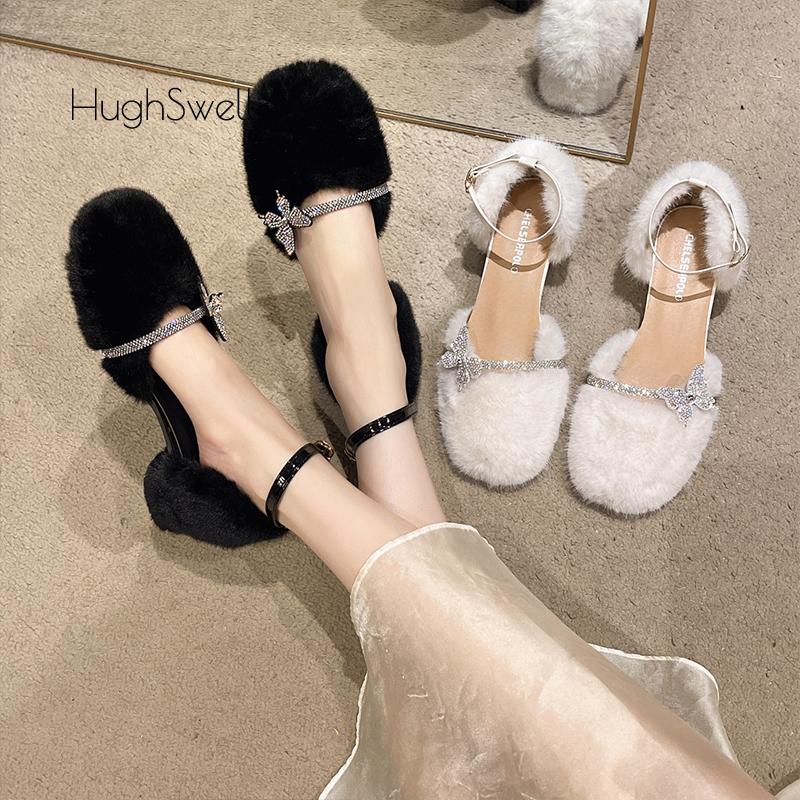 Fashion Bling Rhinestone Butterfly Belt Mink Fur Sandals Woman Elegant White Fluffy Ankle Strap Pumps Ladies  Low Heel Plush Party Shoes