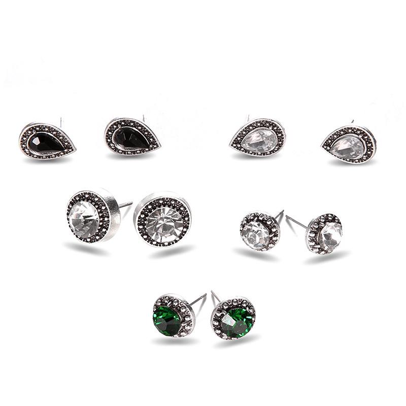 Vintage 5 Pairs of Imitation Gemstone Crystal Water Drop Bohemian Stud Earrings