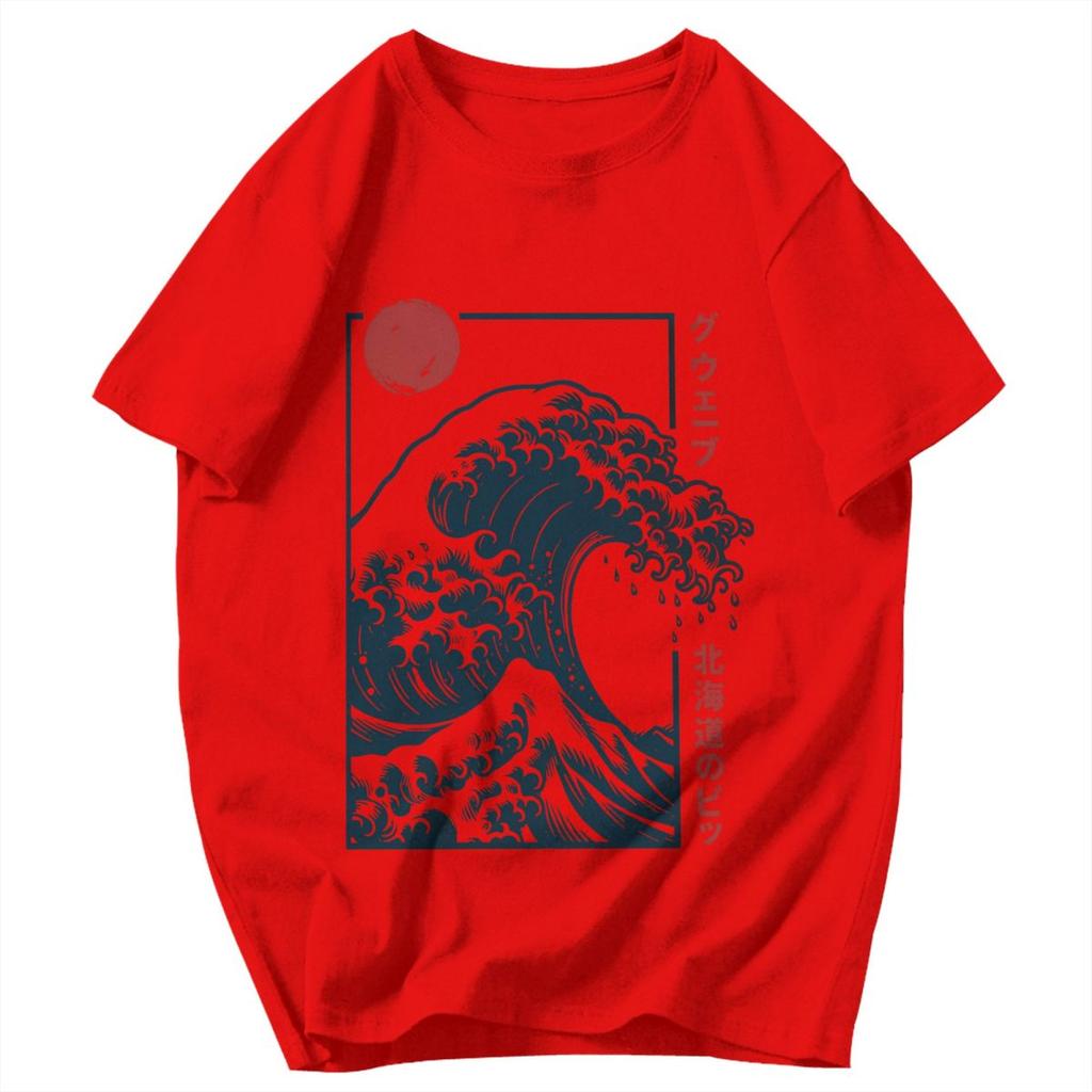 Men T Shirt Japanese Style Hokkaido Wave Retro Idea Y2K Graphic Crewneck Unisex Tops T Shirts