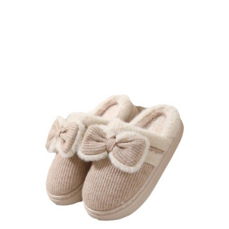 Autumn and Winter Step On Non-slip Cotton Indoor Bow Shit Outer Wear Home Cotton Couple Slippers Women's Plush Non-slip Warm